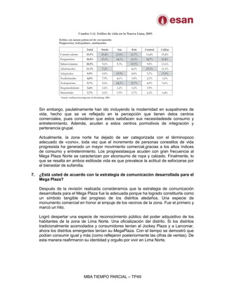 MBA TIEMPO PARCIAL – TP49
Sin embargo, paulatinamente han ido incluyendo la modernidad en suspatrones de
vida, hecho que se ve reflejado en la percepción que tienen delos centros
comerciales, pues consideran que estos satisfacen sus necesidadesde consumo y
entretenimiento. Además, acuden a estos centros pormotivos de integración y
pertenencia grupal.
Actualmente, la zona norte ha dejado de ser categorizada con el términopoco
adecuado de «cono», toda vez que el incremento de personas conestilos de vida
progresista ha generado un mayor movimiento comercial,gracias a los altos índices
de consumo y entretenimiento. Los progresistasque acuden con gran frecuencia al
Mega Plaza Norte se caracterizan por elconsumo de ropa y calzado. Finalmente, lo
que se resalta en ambos estilosde vida es que prevalece la actitud de esforzarse por
el bienestar de sufamilia.
7. ¿Está usted de acuerdo con la estrategia de comunicación desarrollada para el
Mega Plaza?
Después de la revisión realizada consideramos que la estrategia de comunicación
desarrollada para el Mega Plaza fue la adecuada porque ha logrado constituirla como
un símbolo tangible del progreso de los distritos aledaños. Una especie de
monumento comercial en honor al empuje de los vecinos de la zona. Fue el primero y
marcó un hito.
Logró despertar una especie de reconocimiento público del poder adquisitivo de los
habitantes de la zona de Lima Norte. Una oficialización del distrito. Si los distritos
tradicionalmente acomodados y consumidores tenían al Jockey Plaza y a Larcomar,
ahora los distritos emergentes tenían su MegaPlaza. Con el tiempo se demostró que
podían consumir igual y más (como reflejaron posteriormente las cifras de ventas). De
esta manera reafirmaron su identidad y orgullo por vivir en Lima Norte.
 