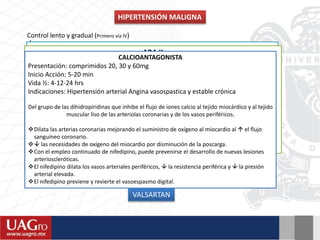 HIPERTENSIÓN MALIGNA
Control lento y gradual (Primero vía IV)
 De cifras diastólicas a 100 - 110 mmHg en 24hrs
*El excesivo control de la PA puede dar lugar a lesiones isquémicas en órganos diana por alteración
del mecanismo autorregulador
Dada la implicación del eje renina-angiotensina-aldosterona en la fisiopatogénesis, se consideran
fármacos de elección los Inhibidores del SRA
ENALAPRIL
VALSARTAN
NIFEDIPINO
CARVEDILOL
IECA
Presentación: Ampollas 1ml
Inicio Acción: 15 min
Vida ½: 6hrs
Indicaciones: Hipertensión arterial (Emergencia hipertensiva) e Insuficiencia cardiaca
congestiva
Metabolismo: Hepático
Único IECA disponible IV
Desplaza los limites de autorregulación cerebral a un nivel más bajo, por lo que en caso de HTA
brusca protege de una isquemia cerebral.
ARA II
Presentación: Comprimidos 40, 80, 160 & 320mg
Inicio Acción: 2-4hrs
Vida ½: 24hrs
Indicaciones: Hipertensión arterial, Insuficiencia cardiaca, IAM & Nefropatía
diabética
 Bloquea selectivamente el receptor AT1 en tejidos tales como el músc liso vascular y la
glándula suprarrenal, bloqueando los efectos vasoconstrictores y secretores de
aldosterona de la angiotensina II
  la resistencia vascular sistémica sin un marcado cambio en la frecuencia
cardíaca.
Bloqueador Alfa & Beta andrenérgico selectivo
Presentación: Comprimidos 25mg
Inicio Acción: 1-2hrs
Vida ½: >15hrs
Indicaciones: Hipertensión esencial, insuficiencia cardiaca moderada, Angina
inestable & crónica estable
Contraindicaciones: Bradicardia severa o bloqueos A-V 2° y 3°, Hepatopatías.
Metabolismo: Hepático
Acción vasodilatadora por bloqueo selectivo de adrenoreceptores alfa 1,  la resistencia
vascular periférica y suprime el sistema renina-angiotensina-aldosterona mediante betabloqueo.
La actividad de la renina plasmática se halla reducida y es raro observar retención de líquidos.
Carece de actividad simpaticomimética intrínseca y tiene propiedades estabilizantes de la
membrana.
CALCIOANTAGONISTA
Presentación: comprimidos 20, 30 y 60mg
Inicio Acción: 5-20 min
Vida ½: 4-12-24 hrs
Indicaciones: Hipertensión arterial Angina vasospastica y estable crónica
Del grupo de las dihidropiridinas que inhibe el flujo de iones calcio al tejido miocárdico y al tejido
muscular liso de las arteriolas coronarias y de los vasos periféricos.
Dilata las arterias coronarias mejorando el suministro de oxígeno al miocardio al  el flujo
sanguíneo coronario.
 las necesidades de oxígeno del miocardio por disminución de la poscarga.
Con el empleo continuado de nifedipino, puede prevenirse el desarrollo de nuevas lesiones
arterioscleróticas.
El nifedipino dilata los vasos arteriales periféricos,  la resistencia periférica y  la presión
arterial elevada.
El nifedipino previene y revierte el vasoespasmo digital.
 