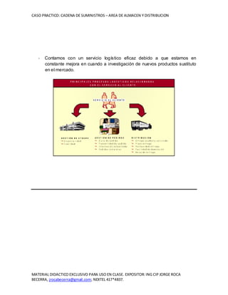CASO PRACTICO: CADENA DE SUMINISTROS – AREA DE ALMACEN Y DISTRIBUCION
MATERIAL DIDACTICO EXCLUSIVO PARA USO EN CLASE. EXPOSITOR: ING CIP JORGE ROCA
BECERRA, jrocabecerra@gmail.com; NEXTEL 417*4837.
- Contamos con un servicio logístico eficaz debido a que estamos en
constante mejora en cuando a investigación de nuevos productos sustituto
en el mercado.
 