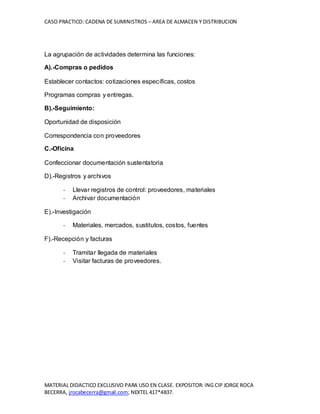 CASO PRACTICO: CADENA DE SUMINISTROS – AREA DE ALMACEN Y DISTRIBUCION
MATERIAL DIDACTICO EXCLUSIVO PARA USO EN CLASE. EXPOSITOR: ING CIP JORGE ROCA
BECERRA, jrocabecerra@gmail.com; NEXTEL 417*4837.
La agrupación de actividades determina las funciones:
A).-Compras o pedidos
Establecer contactos: cotizaciones específicas, costos
Programas compras y entregas.
B).-Seguimiento:
Oportunidad de disposición
Correspondencia con proveedores
C.-Oficina
Confeccionar documentación sustentatoria
D).-Registros y archivos
- Llevar registros de control: proveedores, materiales
- Archivar documentación
E).-Investigación
- Materiales, mercados, sustitutos, costos, fuentes
F).-Recepción y facturas
- Tramitar llegada de materiales
- Visitar facturas de proveedores.
 