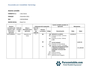 Perucontable.com | Contabilidad - Red de blogs
Asiento contable
FORMATO 5.1 : Libro Diario
PERIODO : Diciembre 2015
RUC : 20255678564
RAZON SOCIAL : Rexol S.A.
Numero
correlativo del
asiento o cód.
Único de la
operación
Fecha de
la opera
-ción
Glosa o
descripción de la
operación
Preferencia de la operación
Cuenta contable asociada a la
operación Movimiento
Cód. Del
libro o
reg.
(tabla 8)
Numero
correlativo Código Denominación Debe Haber
051512000032 31.12 Impuesto a la
renta
5 38
39
40
88
881
882
37
371
3712
40
401
4017
40171
IMPUESTO A LA RENTA
Impuesto a la renta – corriente
115,200
Impuesto a la renta – Diferido
4,800
ACTIVO DIFERIDO
Impuesto a la renta diferido
Impuesto a la renta – resultados
TRIBUTOS,CONTRAPRESTACIONES
Y APORTES AL SISTEMA DE
PENSIONES Y DE SALUD POR
PAGAR
Gobierno central
Impuesto a la renta
Renta de tercera categoría
120,000.00
4,800.00
115,200.00
 