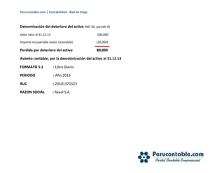 Perucontable.com | Contabilidad - Red de blogs
Determinación del deterioro del activo (NIC 36, párrafo 6)
Valor neto al 31.12.14 100,000
Importe recuperable (valor razonable) (20,000)
Perdida por deterioro del activo 80,000
Asiento contable, por la desvalorización del activo al 31.12.14
FORMATO 5.1 : Libro Diario
PERIODO : Año 2013
RUC : 20101371523
RAZON SOCIAL : Rexol S.A.
 