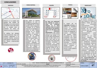 UCV - CHIMBOTE
FICHA DE ANÁLISIS
CASO: “ESCUELA DE NEGOCIOS MIKE ILITCH DE LA UNIVERSIDAD ESTATAL DE
WAYNE”
ALUMNO:
Patricio Jaico, Marcos
TEMA:
CONCLUSIÓN
LÁMINA:
07
ESCUELA DE
ARQUITECTURA
SEMESTRE:
IX – 2020 - I
“NECESIDADES ARQUITECTÓNICAS DE LAS ACTIVIDADES PARA EL DESARROLLO DE
CAPACIDADES DE EMPRENDIMIENTO EN JÓVENES DE LA REGIÓN ANCASH”
ASESOR:
Mg. Arq. José Beingolea del Carpio
CONCLUSIONES
CONTEXTO FORMA MATERIAL FUNCIÓN TÉCNICA SIGNIFICANTE
Detroit es la ciudad más
grande del estado de
Michigan, en la zona central
occidental. Cerca del centro
de la ciudad, está el
Instituto de Artes de
Detroit, de estilo neoclásico
El edificio fue ubicado
intencionalmente lejos del
campus, adyacente a un
vibrante distrito comercial
para generar relaciones con
los líderes empresariales
locales.
Este edifico es bastante
homogéneo, lo cual se
manifiesta principalmente en
la regularidad de su forma,
prismas y líneas ortogonales,
y también en su textura
visual que es homogénea en
cuanto al color. Muestra
jerarquía en su fachada
principal, que expresa
imponencia y jerarquía a
través de un volumen
adicionado revestido de
vidrio. La forma lineal y el
hecho de que esté
constituido por un solo
volumen quebrado se
relaciona con la intención del
edificio que es generar un
clima de trabajo y
colaboración, integrando a la
ciudad con los estudiantes a
través del emprendimiento.
No Tiene una zonificación
bien definida en cuanto a
zonas con circulación
exclusiva en el tema
académico. Solo en el cuarto
nivel existe un uso exclusivo,
puesto que este piso es de
uso totalmente
administrativo. Este centro
cuenta con un único acceso
principal que accede a la
primera planta directamente
desde la calle. Tanto en el
primer nivel, como en las
planta dos y tres, tienen lugar
actividades principales y
secundarias, no existe
circulaciones excluyentes en
los tres primeros niveles. La
circulación vertical se da a
través de un solo núcleo
ubicado en la parte central
del edificio.
A través de los
materiales utilizados, el
edificio se establece
como un nuevo
punto de referencia
visual, la elegante y
nueva instalación
de piedra caliza,
revestida de vidrio
combina con éxito
múltiples requisitos
de diseño, crea una
fachada notable
que se unirá con un
tejido urbano y
evolucionará en
torno a este edificio
catalizador.
El diseño establece una
cara externa e interna al
edificio. Todas las aulas
están orientadas
externamente para
enfrentar la ciudad y los
bordes de las calles,
mientras que las oficinas
de facultad y
administración están
orientadas hacia
adentro en un patio
natural aislado. Esta
estrategia permite al
público ver la educación
en exhibición, mientras
los estudiantes observan
los resultados de los
esfuerzos empresariales
en forma de nueva
construcción fuera de sus
ventanas, brindando a
los transeúntes vistas de
los estudiantes en acción
durante todo el día y
brillando como un faro
de emprendimiento y
aprendizaje superior por
la noche.
 