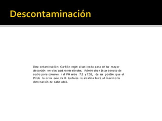 Desc ont ami n ac ión: C ar b ón veget a l act iva d o p ar a evi tar m ay or
ab s orción e n v ías g ast rointe s ti n ales. A d mini s tra r bi c ar b on ato de
sod io p ara conserva r el P H entre 7.5 y 7.55, de ser p osible q ue el
PH de la orina exce d a 8. La diures is a lc al ina lle v a a l m áxi m o la
elimi n ac ión de sa lici la tos.

 