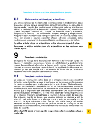 Tratamiento de Diarrea en el Primer y Segundo Nivel de Atención.



8.3          Medicamentos antidiarreicos y antieméticos.
Una amplia variedad de medicamentos o combinaciones de medicamentos están
disponibles para su compra o prescripción para el tratamiento de los episodios de
diarrea aguda y vómito. Los medicamentos antidiarreicos incluyen: agentes que
inhiben la motilidad gástrica (loperamida, codeína, difenoxilato etc), absorbentes
(kaolín, atapulgite, smectite etc), cultivos de bacterias vivas (Lactobacilus,
Streptococcus faecium). Los antieméticos incluyen fenergan y clorpromazina.
Ninguno de estos medicamentos ha logrado demostrar un beneficio práctico en los
niños con diarrea y algunos presentan efectos adversos peligrosos. Estos
medicamentos en general no deben ser utilizados en niños menores de 5 años.
No utilice antidiarreicos y/o antieméticos en los niños menores de 5 años.
                                                                                      C
Considere no utilizar antidiarreicos y/o antieméticos en los pacientes con
diarrea aguda.



9            Terapia de rehidratación.
El objetivo del manejo de la deshidratación diarreica es la corrección rápida de
líquidos y electrolitos (denominado terapia de rehidratación) y posteriormente
reponer las pérdidas de electrolitos y líquidos según ocurren hasta que cese la
diarrea (denominado terapia de mantenimiento). La pérdida de líquidos puede ser
repuesta ya sea por terapia oral o intravenosa; la última ruta es usualmente
necesaria solo en los casos de deshidratación severa.

9.1          Terapia de rehidratación oral.
La terapia de rehidratación oral se basa en el principio de la absorción intestinal
del sodio, otros electrolitos y agua, la cual puede ser aumentada por la absorción
de ciertas moléculas como la glucosa o ciertos aminoácidos. Afortunadamente,
este proceso continúa funcionando incluso en las diarreas secretoras, cuando la
mayoría de los otros mecanismos de absorción del sodio están inactivados. De
manera que si un paciente con una diarrea secretora bebe una solución isotónica
salina sin glucosa o aminoácidos, el sodio no es absorbido y el líquido permanece
en el intestino, finalmente agregándose al volumen de la deposición del paciente.
Sin embargo, cuando se brinda una solución isotónica de glucosa y sal, la
absorción del sodio ligada a la glucosa ocurre y esto se acompaña con la
absorción de agua y otros electrolitos. Este proceso puede corregir deficiencias
existentes de electrolitos y reponer las perdidas fecales en la mayoría de los
pacientes con diarrea secretora, independientemente de la causa de la diarrea o la
edad del paciente.
Utilice las SRO como primera opción terapéutica en la deshidratación leve a           A
moderada.




                                                                              15
 