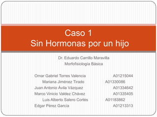 Caso 1
Sin Hormonas por un hijo
            Dr. Eduardo Carrillo Maravilla
                Morfofisiología Básica


Omar Gabriel Torres Valencia                 A01215044
    Mariana Jiménez Tirado               A01330086
Juan Antonio Ávila Vázquez                   A01334642
Marco Vinicio Valdez Chávez                  A01335405
    Luis Alberto Salero Cortés           A01183862
Edgar Pérez García                           A01213313
 