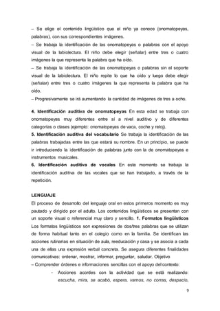 9
– Se elige el contenido lingüístico que el niño ya conoce (onomatopeyas,
palabras), con sus correspondientes imágenes.
– Se trabaja la identificación de las onomatopeyas o palabras con el apoyo
visual de la labiolectura. El niño debe elegir (señalar) entre tres o cuatro
imágenes la que representa la palabra que ha oído.
– Se trabaja la identificación de las onomatopeyas o palabras sin el soporte
visual de la labiolectura. El niño repite lo que ha oído y luego debe elegir
(señalar) entre tres o cuatro imágenes la que representa la palabra que ha
oído.
– Progresivamente se irá aumentando la cantidad de imágenes de tres a ocho.
4. Identificación auditiva de onomatopeyas En esta edad se trabaja con
onomatopeyas muy diferentes entre sí a nivel auditivo y de diferentes
categorías o clases (ejemplo: onomatopeyas de vaca, coche y reloj).
5. Identificación auditiva del vocabulario Se trabaja la identificación de las
palabras trabajadas entre las que estará su nombre. En un principio, se puede
ir introduciendo la identificación de palabras junto con la de onomatopeyas e
instrumentos musicales.
6. Identificación auditiva de vocales En este momento se trabaja la
identificación auditiva de las vocales que se han trabajado, a través de la
repetición.
LENGUAJE
El proceso de desarrollo del lenguaje oral en estos primeros momento es muy
pautado y dirigido por el adulto. Los contenidos lingüísticos se presentan con
un soporte visual o referencial muy claro y sencillo. 1. Formatos lingüísticos
Los formatos lingüísticos son expresiones de dos/tres palabras que se utilizan
de forma habitual tanto en el colegio como en la familia. Se identifican las
acciones rutinarias en situación de aula, reeducación y casa y se asocia a cada
una de ellas una expresión verbal concreta. Se asegura diferentes finalidades
comunicativas: ordenar, mostrar, informar, preguntar, saludar. Objetivo
– Comprender órdenes e informaciones sencillas con el apoyo del contexto:
- Acciones acordes con la actividad que se está realizando:
escucha, mira, se acabó, espera, vamos, no corras, despacio,
 