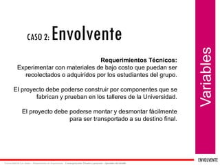 ENVOLVENTE 
Universidad de Los Andes – Departamento de Arquitectura Curso proyecto: Técnica y proyecto - Aprender del detalle 
Variables 
Requerimientos Técnicos: 
Experimentar con materiales de bajo costo que puedan ser 
recolectados o adquiridos por los estudiantes del grupo. 
El proyecto debe poderse construir por componentes que se 
fabrican y prueban en los talleres de la Universidad. 
El proyecto debe poderse montar y desmontar fácilmente 
para ser transportado a su destino final. 
CASO 2:Envolvente 
 