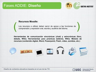 Fases ADDIE:  Diseño Recursos Moodle:  Los recursos a utilizar deben servir de apoyo a las funciones de comprensión y expresión oral, escrita y auditiva del idioma. ( ) Herramientas de comunicación sincrónicas (chat) y asincrónicas (foro, debate, Wiki); Herramientas para prácticas (talleres, Wiki); Módulo de recursos (contenido digital, Word, Powerpoint, Flash, vídeo, sonidos, etc.) 