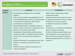 Análisis DAFO  (Debilidades, Amenazas, Fortalezas,Oportunidades) Análisis interno Fortalezas Debilidades Docentes activos, profesionales nativos y altamente calificados Existe un grado de interés en las posibilidades de las TIC.  El Goethe-Institut Barcelona cuenta con un posicionamiento en el mercado por la calidad de su oferta en todo lo concerniente con la cultural alemana. Plataforma Moodle existen y a disposición de todos los docentes. Además se dispone de un equipo técnico que la administra y con quienes es fluido trabajar. Posibilidades de implantar Moodle mediante episodios periódicos de trabajo en la virtualidad aplicados al trabajo fuera de clase, y a la continuidad en la dedicación al alemán. Dirección de GI Barcelona, comprometida con estar al día y ofrecerle a sus clientes la mayor gama de recursos posibles. Docentes del equipo de trabajo con experiencia en el manejo de la plataforma Miedo al cambio, inseguridad ante posibles complicaciones técnicas  Resistencia ante el evidente aumento en la carga de trabajo para implementar las TIC en las clases.  El Instituto es uno de los más costosos. La mayoría de los cursos son de carácter presencial. Los docentes con un nivel inferior de alfabetización digital con respecto a sus alumnos. No todos los profesores emplean Moodle, lo que hace imposible que se use un espacio por nivel. Más de la mitad de los profesores no apoyan el trabajo en este espacio porque no lo conocen, no acuden a él. 
