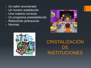 -   Un salón enumerado
-   Un horario establecido
-   Una materia correcta
-   Un programa preestablecido
-   Relaciones jerárquicas
-   Normas




                             CRISTALIZACIÓN
                                   DE
                             INSTITUCIONES
 
