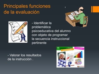 Principales funciones
de la evaluación

                  - Identificar la
                  problemática
                  psicoeducativa del alumno
                  con objeto de programar
                  la secuencia instruccional
                  pertinente


 - Valorar los resultados
 de la instrucción .
 