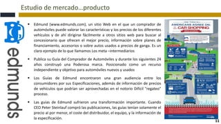 Estudio de mercado…producto
11
 Edmund (www.edmunds.com), un sitio Web en el que un comprador de
automóviles puede valorar las características y los precios de los diferentes
vehículos y de ahí dirigirse fácilmente a otros sitios web para buscar al
concesionario que ofrecen el mejor precio, información sobre planes de
financiamiento, accesorios o sobre autos usados a precios de ganga. Es un
claro ejemplo de lo que llamamos Los meta –intermediarios
 Publica su Guía del Comprador de Automóviles y durante los siguientes 24
años construyó una Poderosa marca. Posicionado como un recurso
independiente y objetivo para automóviles nuevos y usados
 Los Guías de Edmund encontraron una gran audiencia entre los
consumidores por sus Especificaciones, además de información de precios
de vehículos que podrían ser aprovechadas en el notorio Difícil "regateo"
proceso.
 Las guías de Edmund sufrieron una transformación importante. Cuando
CEO Peter Steinlauf compró las publicaciones, las guías tenían solamente el
precio al por menor, el coste del distribuidor, el equipo, y la información de
la especificación.
 