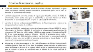 Estudio de mercado…costos
12
 En los años sesenta al ser impresiones donde se anunciaba Edmund´s, representaba un gasto
fuerte, para darse a conocer y donde el consumo de la información precisa para la toma de
decisiones en la compra de un automóvil.
 Las relaciones y acuerdo con Geico, empresa de seguros y con Autobytel, empresa de medios de
comunicación, fueron puntos clave para el crecimiento, ya que son alianzas que afectan
directamente en la compra de vehículos, así como en su búsqueda de información.
 Las Guías de Edmund vendían cerca de 500.000 copias al año principalmente a través de las
principales librerías y Puestos de periódicos.
 Edmund vendió 130.000 copias de sus precios de coches nuevos y revisiones, 120.000 de precios
y Comentarios de Camiones, y 250,000 de sus Precios de vehículos usados y calificaciones. Sin
embargo, en 1997 las ventas habían caído a 110.000 nuevos precios y revisiones de coches, 80,
000 de sus nuevos precios y revisiones del carro, y 160.000 de precios de coches usados y
calificaciones. En el año 2000, las Guías mostraron una disminución en las ventas, totalizando
248.000 en ventas netas, con un 62% de las ventas procedentes de Nuevas Guías, y el 38%
restante de las ventas procedentes del usar las guías.
 Mientras que los guías se sumergieron en sólo $ 900,000 en ganancias, Edmund finalmente vio la
canibalización de las Guías por el sitio Web. Sin embargo, aunque las Guías se habían vuelto
menos significativas en términos de los ingresos, todavía servían un importante objetivo de marca
para la empresa, así como un recordatorio para el público de las raíces históricas de
Edmunds.com.
 