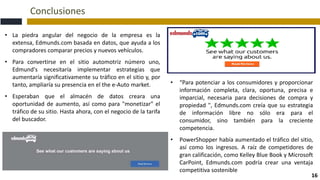 Conclusiones
16
• La piedra angular del negocio de la empresa es la
extensa, Edmunds.com basada en datos, que ayuda a los
compradores comparar precios y nuevos vehículos.
• Para convertirse en el sitio automotriz número uno,
Edmund's necesitaría implementar estrategias que
aumentaría significativamente su tráfico en el sitio y, por
tanto, ampliaría su presencia en el the e-Auto market.
• Esperaban que el almacén de datos creara una
oportunidad de aumento, así como para "monetizar" el
tráfico de su sitio. Hasta ahora, con el negocio de la tarifa
del buscador.
• “Para potenciar a los consumidores y proporcionar
información completa, clara, oportuna, precisa e
imparcial, necesaria para decisiones de compra y
propiedad ", Edmunds.com creía que su estrategia
de información libre no sólo era para el
consumidor, sino también para la creciente
competencia.
• PowerShopper había aumentado el tráfico del sitio,
así como los ingresos. A raíz de competidores de
gran calificación, como Kelley Blue Book y Microsoft
CarPoint, Edmunds.com podría crear una ventaja
competitiva sostenible
 
