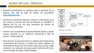 Analisis del caso…Objetivos
4
• Edmunds considerando sus opciones para la extensión de su
popular sitio web de guía de precios de automóviles
www.edmunds.com.
• Aumentar el contenido editorial y mejorar la información, para
ello crearon la versión del libro de Edmund en CD-ROM. El
objetivo del CD era una guía interactiva de compra de
automóviles multimedia.
• Permitir a los consumidores la oportunidad de evaluar y probar
nuevos vehículos en un "ambiente entretenido y libre de
presión". (EdmundsLIVE)
• Edmunds.com se posicionó como un objetivo primordial para el
conocimiento de Internet, la compra de coches público. Los
consumidores hacían clic en el coche nuevo que querían, elegir
y obtener una cotización de precio gratis dentro de 48 horas.
(Esta estrategia dio lugar a PowerShopper)
 