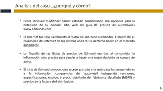 Analisis del caso…¿porqué y cómo?
5
• Peter Steinlauf y Michael Samet estaban considerando sus opciones para la
extensión de su popular sitio web de guía de precios de automóviles
www.edmunds.com
• El Internet fue solo Cambiando el rostro del mercado automotriz. El boom del e-
commerce del Internet de los últimos años 90 se derramó sobre en el mercado
automotor.
• La filosofía de las Guías de precios de Edmund era dar al consumidor la
información más precisa para ayudar a hacer una mejor decisión de compra de
autos.
• El sitio de Edmund proporcionó acceso gratuito a la web para los consumidores
a la información comprensiva del automóvil incluyendo revisiones,
especificaciones, equipo, y precio detallado del fabricante detallado (MSRP) y
precios de la factura del distribuidor.
 