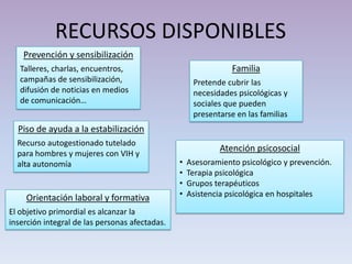 RECURSOS DISPONIBLES
    Prevención y sensibilización
   Talleres, charlas, encuentros,                               Familia
   campañas de sensibilización,                      Pretende cubrir las
   difusión de noticias en medios                    necesidades psicológicas y
   de comunicación…                                  sociales que pueden
                                                     presentarse en las familias
  Piso de ayuda a la estabilización
  Recurso autogestionado tutelado
                                                            Atención psicosocial
  para hombres y mujeres con VIH y
  alta autonomía                                •   Asesoramiento psicológico y prevención.
                                                •   Terapia psicológica
                                                •   Grupos terapéuticos
    Orientación laboral y formativa             •   Asistencia psicológica en hospitales

El objetivo primordial es alcanzar la
inserción integral de las personas afectadas.
 