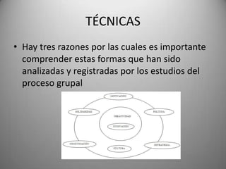TÉCNICAS
• Hay tres razones por las cuales es importante
comprender estas formas que han sido
analizadas y registradas por los estudios del
proceso grupal
 
