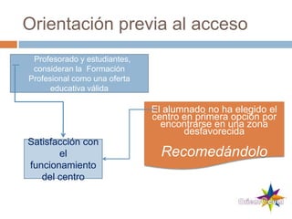 Orientación previa al acceso
El alumnado no ha elegido el
centro en primera opción por
encontrarse en una zona
desfavorecida
Recomedándolo
Profesorado y estudiantes,
consideran la Formación
Profesional como una oferta
educativa válida
Satisfacción con
el
funcionamiento
del centro
 