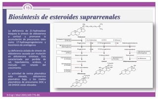 Biosíntesis de esteroides suprarrenalesLa deficiencia de 21-hydroxylase bloquea la síntesis de aldosterona y cortisol y promueve la acumulación de precursores tales como 17-hydroxyprogesterona y biosíntesis de andrógenosLa deficiencia aislada de síntesis de aldosterona causada por mutación en aldosterona sintetasa. Esta caracterizada por perdida de sal, hiperkalemia, acidosis, a menudo con retardo del crecimiento. La actividad de renina plasmática esta elevada, aldosterona plasmática baja, y los niveles plasmáticos de precursores DOC y 18-OHDOC están elevados15N Engl J Med 2003;349:776-88.