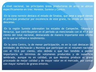 A nivel nacional, las principales áreas productoras de arroz se ubican
específicamente en tres: Noreste, Sureste y Centro.
-En la zona noreste destaca el estado de Sinaloa, que pese a seguir siendo
el principal productor por excelencia de este grano, ha tenido un enorme
descenso.
-En la región Sureste sobresalen los estados de Campeche, Tabasco y
Veracruz, que contribuyeron en el periodo ya mencionado con el 41.4 por
ciento del total nacional, destacando de manera importante este último
en lo que se refiere a rendimiento.
-En la zona Centro, la de menor participación, es en la cual destacan las
entidades de Michoacán y Morelos que participan en el volumen nacional
con el 10.6 por ciento, ello debido a que han tendido a perder
importancia en términos de volúmenes producidos y de superficie
sembrada, aunque no en calidad, ya que Morelos produce el grano
procesado de mejor calidad y de mayor valor en el mercado, por contar
con mayor número de granos enteros.
 