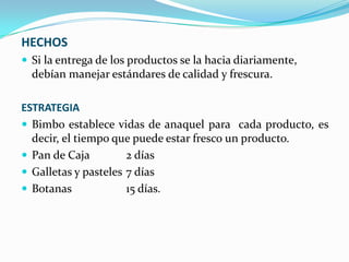 HECHOS
 Si la entrega de los productos se la hacia diariamente,

debían manejar estándares de calidad y frescura.
ESTRATEGIA
 Bimbo establece vidas de anaquel para cada producto, es
decir, el tiempo que puede estar fresco un producto.
 Pan de Caja
2 días
 Galletas y pasteles 7 días
 Botanas
15 días.

 