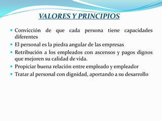 VALORES Y PRINCIPIOS
 Convicción de que cada persona tiene capacidades





diferentes
El personal es la piedra angular de las empresas
Retribución a los empleados con ascensos y pagos dignos
que mejoren su calidad de vida.
Propiciar buena relación entre empleado y empleador
Tratar al personal con dignidad, aportando a su desarrollo

 