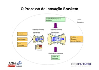 O Processo de Inovação Braskem

                                              Gestão Performance da
                                                                                  Cultura
                                              Inovação
                                                                                  Inovadora




                 Gerenciamento                      Gerenciamento
                 de Idéias                          de Projetos
Ameaças

                                                                        Produtos e
 Oportunidades
GI                                                                      Serviços
                                                                        para os clientes
Novas
                               Viabilidade
Tecnologias
                   Adequação




                               Atratividade


                                                Organização Estendida

                                                      Gestão de
                                                      parcerias
 