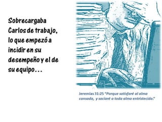 Sobrecargaba
Carlos de trabajo,
lo que empezó a
incidir en su
desempeño y el de
su equipo…
Jeremías 31:25 “Porque satisfaré al alma
cansada, y saciaré a toda alma entristecida.”
 
