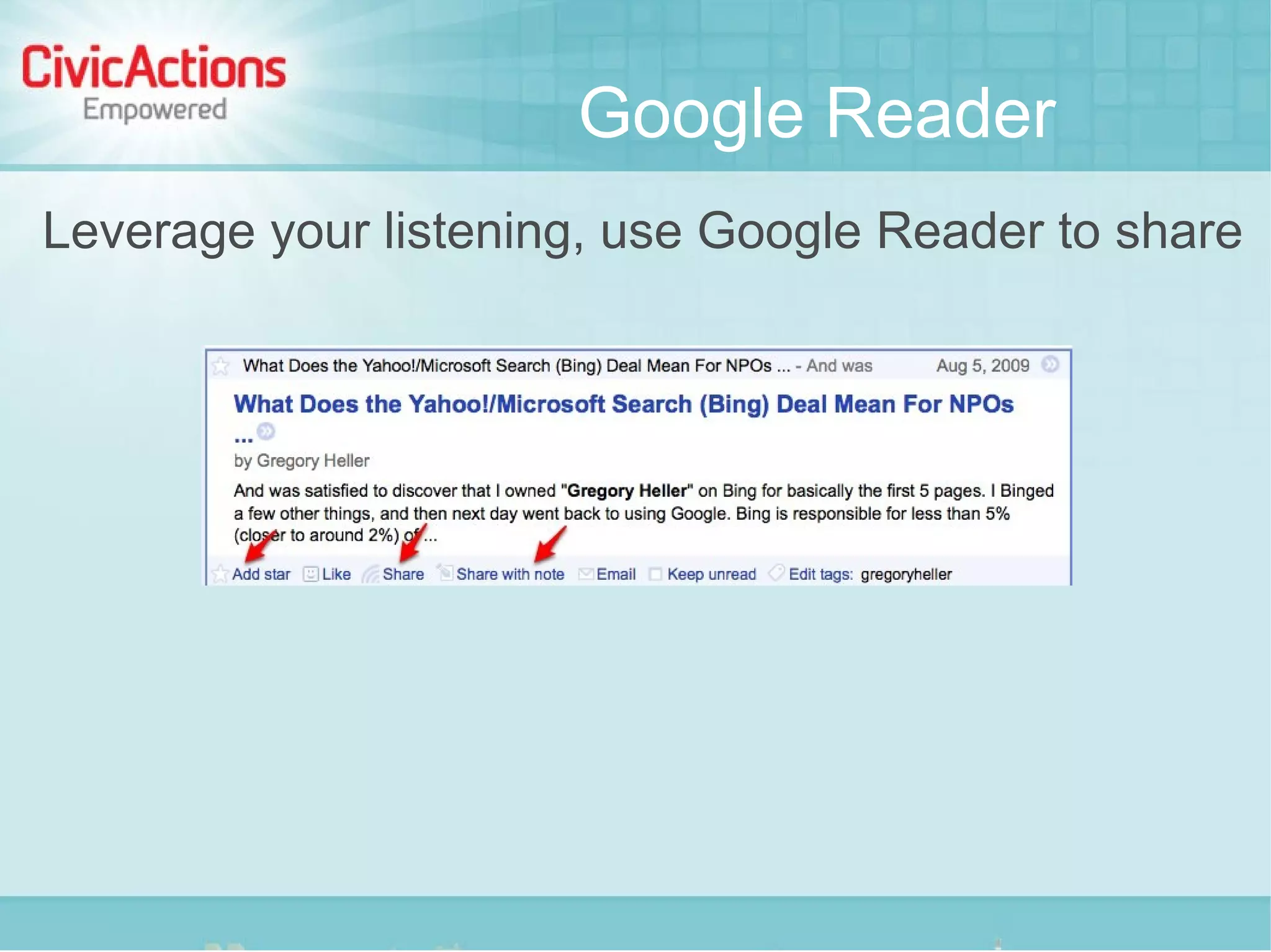 Google Reader
Leverage your listening, use Google Reader to share
 
