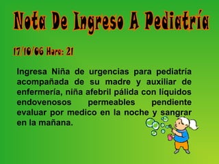 Ingresa Niña de urgencias para pediatría
acompañada de su madre y auxiliar de
enfermería, niña afebril pálida con líquidos
endovenosos      permeables       pendiente
evaluar por medico en la noche y sangrar
en la mañana.
 