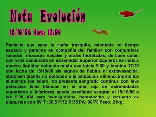 Paciente que pasa la maña tranquila, orientada en tiempo
espacio y persona en compañía del familiar con conjuntivas
rosadas mucosas nasales y orales hidratadas, de buen color,
con vena canalizada en extremidad superior izquierda se instala
nuevos líquidos solución mixta que inicia 9:30 y termina 17:30
con fecha de 18/10/06 sin signos de flebitis ni extravasación,
abdomen blando no doloroso a la palpación, elimino, ingirió los
alimentos los tolero, no presenta sangrado continua con leve
petequias Islas blancas en el mar rojo en extremidades
superiores e inferiores queda pendiente sangrar el 19/10/06 a
las 5:00 AM para hemoglobina, hematocrito y recuento de
plaquetas con SV T :36.5 P:72 R:35 PA: 90/70 Peso: 21kg.
 