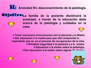 Ansiedad R/c desconocimiento de lá patologia.

        La familia de la paciente disminuirá la
        ansiedad, a través de la educación dada
        acerca de la patología y cuidados en la
        casa.

  Tener una buena comunicacion con la paciente y la Madre
  Dar educacion a la madre para que ella comprenda lo
importante que es, en el proceso de recuperacion de la niña.
             Brindarle seguridad a la paciente y a la madre.
                   Educacion a la madre sobre la patologia.
          Dar educacion a la madre sobre signos de alarma.
 