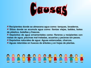 Recipientes donde se almacena agua como: tanques, lavaderos.
  Sitios donde se acumula agua como: llantas viejas, baldes, botes
de plástico, botellas y frascos.
  Depósitos de agua ornamentales como: floreros y recipientes con
matas de agua, piscinas mal tratadas, acuarios y peceras sin peces.
  Depósitos naturales de agua: Aguas estancadas, charcos.
  Aguas retenidas en huecos de árboles y en hojas de plantas.
 