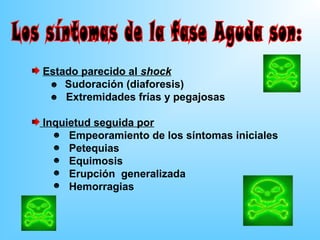 Estado parecido al shock
 ☻ Sudoración (diaforesis)
 ☻ Extremidades frías y pegajosas


Inquietud seguida por
  ☻ Empeoramiento de los síntomas iniciales
  ☻ Petequias
  ☻ Equimosis
  ☻ Erupción generalizada
  ☻ Hemorragias
 