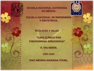 ESCUELA NACIONAL AUTÓNOMA
          DE MÉXICO.

ESCUELA NACIONAL DE ENFERMERÍA
         Y OBSTETRICIA.


      ECOLOGÍA Y SALUD

       “CASO CLÍNICO POR
  PSEUDOMONA AERUGINOSA”

         V. VALVERDE.

           LEO-2207

  DIAZ MEDINA MARIANA ITZHEL.
 