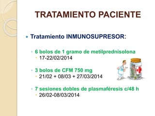 TRATAMIENTO PACIENTE
 Tratamiento INMUNOSUPRESOR:
◦ 6 bolos de 1 gramo de metilprednisolona
 17-22/02/2014
◦ 3 bolos de CFM 750 mg
 21/02 + 08/03 + 27/03/2014
◦ 7 sesiones dobles de plasmaféresis c/48 h
 26/02-08/03/2014
 