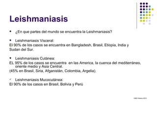 Leishmaniasis
 ¿En que partes del mundo se encuentra la Leishmaniasis?
 Leishmaniasis Visceral:
El 90% de los casos se encuentra en Bangladesh, Brasil, Etiopia, India y
Sudan del Sur.
 Leishmaniasis Cutánea:
EL 95% de los casos se encuentra en las America, la cuenca del mediterráneo,
oriente medio y Asia Central.
(45% en Brasil, Siria, Afganistán, Colombia, Argelia).
 Leishmaniasis Mucocutánea:
El 90% de los casos en Brasil, Bolivia y Perú
OMS Febrero 2015
 