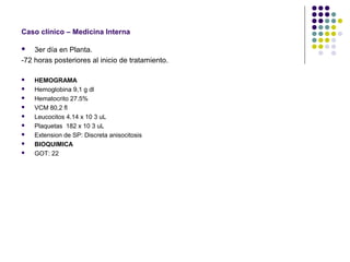 Caso clínico – Medicina Interna
 3er día en Planta.
-72 horas posteriores al inicio de tratamiento.
 HEMOGRAMA
 Hemoglobina 9,1 g dl
 Hematocrito 27.5%
 VCM 80,2 fl
 Leucocitos 4.14 x 10 3 uL
 Plaquetas 182 x 10 3 uL
 Extension de SP: Discreta anisocitosis
 BIOQUIMICA
 GOT: 22
 