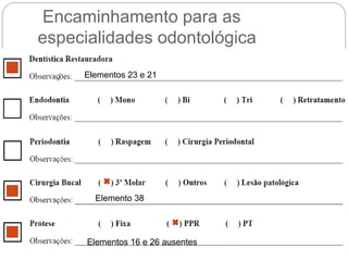 Encaminhamento para as
especialidades odontológica
Elementos 23 e 21
Elementos 16 e 26 ausentes
Elemento 38
 
