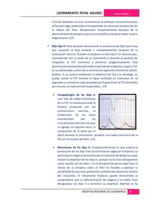 [SUFRIMIENTO FETAL AGUDO] Caso Clínico
HOSPITALREGIONALDE CAJAMARCA 28
5 cm de dilatación cervical. Su presencia se atribuye a una estimulación
reflejadel vago,producidaenlamayoríade los casos por compresión de
la cabeza del feto. Desaparecen completamente después de la
administraciónde atropina,peronose modificacuandola madre respira
oxígeno puro. (17)
 Dips tipo II: Para detectar clínicamente la existencia de Dips tipo II hay
que auscultar al feto durante e inmediatamente después de la
contracción uterina. Cuando se produce un Dip tipo II se observa que,
coincidiendo con la acmé de la contracción o durante el período de
relajación, la FCF comienza a disminuir progresivamente. Esta
disminucióncontinuadurante todoel periodode relajación, luego la FCF
se va acelerando y antes de la contracción siguiente retoma los valores
basales. Si se quiere establecer la amplitud del Dip y su décalage, se
puede contar la FCF durante el lapso señalado en intervalos de 15
segundos y multiplicar cada resultado por 4 para tener la FCF promedio
por minuto, en cada uno de los periodos. (17)
 Fisiopatología de los Dips II:
este tipo de caídas transitorias
de la FCF es consecuencia de la
hipoxia producida por las
contracciones uterinas. La
compresión de los vasos
miometriales por las
contraccionesuterinasa las que
se agrega, en algunos casos, la
compresión de la aorta por el
útero durante la contracción, produce una caída transitoria de la
PO2 en los tejidos del feto. (17)
 Mecanismo de los Dips II: fundamentalmente lo que explica la
producción de los dips II es la estimulación vagal por la hipoxia. La
participaciónvagal se demuestraporlainyecciónde atropina,laque
reduce la amplitud de los dips II, aunque no los hace desaparecer
como sucede con los dips l. La no desaparición de los dips II por el
efecto de la atropina sobre el feto ha llevado a plantear la
posibilidad de que sean producidos también por depresión directa
del miocardio. El mecanismo hipóxico quedó demostrado al
comprobarse que la administración de oxígeno a la madre hace
desaparecer los dips II o disminuir su amplitud. Además se ha
 