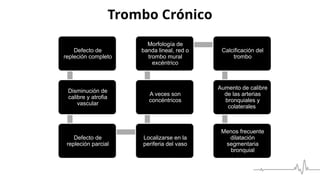 Trombo Crónico
Defecto de
repleción completo
Disminución de
calibre y atrofia
vascular
Defecto de
repleción parcial
Localizarse en la
periferia del vaso
A veces son
concéntricos
Morfología de
banda lineal, red o
trombo mural
excéntrico
Calcificación del
trombo
Aumento de calibre
de las arterias
bronquiales y
colaterales
Menos frecuente
dilatación
segmentaria
bronquial
 