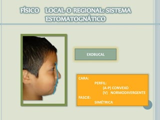 EXOBUCAL
CARA:
PERFIL:
(A-P) CONVEXO
(V) NORMODIVERGENTE
FASCIE:
SIMÉTRICA
 