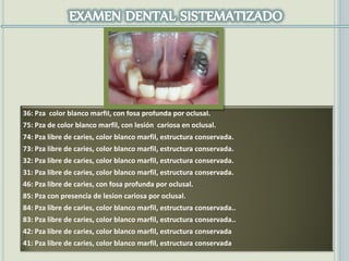 36: Pza color blanco marfil, con fosa profunda por oclusal.
75: Pza de color blanco marfil, con lesión cariosa en oclusal.
74: Pza libre de caries, color blanco marfil, estructura conservada.
73: Pza libre de caries, color blanco marfil, estructura conservada.
32: Pza libre de caries, color blanco marfil, estructura conservada.
31: Pza libre de caries, color blanco marfil, estructura conservada.
46: Pza libre de caries, con fosa profunda por oclusal.
85: Pza con presencia de lesion cariosa por oclusal.
84: Pza libre de caries, color blanco marfil, estructura conservada..
83: Pza libre de caries, color blanco marfil, estructura conservada..
42: Pza libre de caries, color blanco marfil, estructura conservada
41: Pza libre de caries, color blanco marfil, estructura conservada
 
