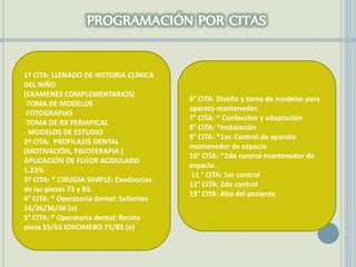 1º CITA: LLENADO DE HISTORIA CLÍNICA
DEL NIÑO
(EXAMENES COMPLEMENTARIOS)
-TOMA DE MODELOS
-FOTOGRAFIAS
-TOMA DE RX PERIAPICAL
- MODELOS DE ESTUDIO
2º CITA: PROFILAXIS DENTAL
(MOTIVACIÓN, FISIOTERAPIA )
APLICACIÓN DE FLÚOR ACIDULADO
1.23%
3º CITA: * CIRUGIA SIMPLE: Exodoncias
de las piezas 73 y 83.
4° CITA: * Operatoria dental: Sellantes
16/26/36/46 (o)
5° CITA: * Operatoria dental: Resina
pieza 55/65 IONOMERO 75/85 (o)
6° CITA: Diseño y toma de modelos para
aparato mantenedor.
7° CITA: * Confeccion y adaptación
8° CITA: *Instalación
9° CITA: *1er. Control de aparato
mantenedor de espacio
10° CITA: *2do control mantenedor de
espacio.
11 ° CITA: 1er control
12° CITA: 2do control
13° CITA: Alta del paciente
 