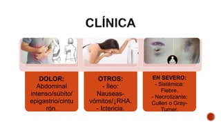 DOLOR:
Abdominal
intenso/súbito/
epigastrio/cintu
rón.
OTROS:
- Íleo:
Nauseas-
vómitos/↓RHA.
- Ictericia.
EN SEVERO:
- Sistémica:
Fiebre.
- Necrotizante:
Cullen o Gray-
Turner.
 