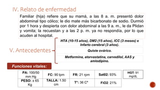IV. Relato de enfermedad
Familiar (hija) refiere que su mamá, a las 8 a. m. presentó dolor
abdominal tipo cólico; le dio mate más bicarbonato de sodio. Durmió
por 1 hora y despierta con dolor abdominal a las 9 a. m., le da Plidan
y vomita; la recuestan y a las 2 p. m. ya no respondía, por lo que
acuden al hospital.
V. Antecedentes
HTA (10-15 años), DM2 (15 años), ICC (3 meses) e
Infarto cerebral (3 años).
Funciones vitales:
PA: 100/50
mm Hg
PESO: ± 65
Kg
FC: 90 lpm
TALLA: 1.50
cm
FR: 21 rpm
T°: 36 C°
Sat02: 93%
FiO2: 21%
Quiste ovárico.
Metformina, atorvastatina, carvedilol, AAS y
amlodipino.
HGT: 91
mg/dL
 