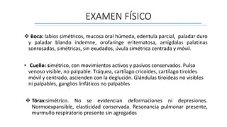 EXAMEN FÍSICO
 Boca: labios simétricos, mucosa oral húmeda, edentula parcial, paladar duro
y paladar blando indemne, orofaringe eritematosa, amígdalas palatinas
sonrosadas, simétricas, sin exudados, úvula simétrica centrada y móvil.
• Cuello: simétrico, con movimientos activos y pasivos conservados. Pulso
venoso visible, no palpable. Tráquea, cartílago cricoides, cartílago tiroides
móvil y centrado, ascienden con la deglución. Glándulas tiroideas no visibles
ni palpables, ganglios linfáticos no palpables
 Tórax:simétrico. No se evidencian deformaciones ni depresiones.
Normoexpansible, elasticidad conservada. Resonancia pulmonar presente,
murmullo respiratorio presente sin agregados
 