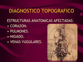 DIAGNOSTICO TOPOGRAFICO
ESTRUCTURAS ANATOMICAS AFECTADAS:
• CORAZON.
• PULMONES.
• HIGADO.
• VENAS YUGULARES.
 